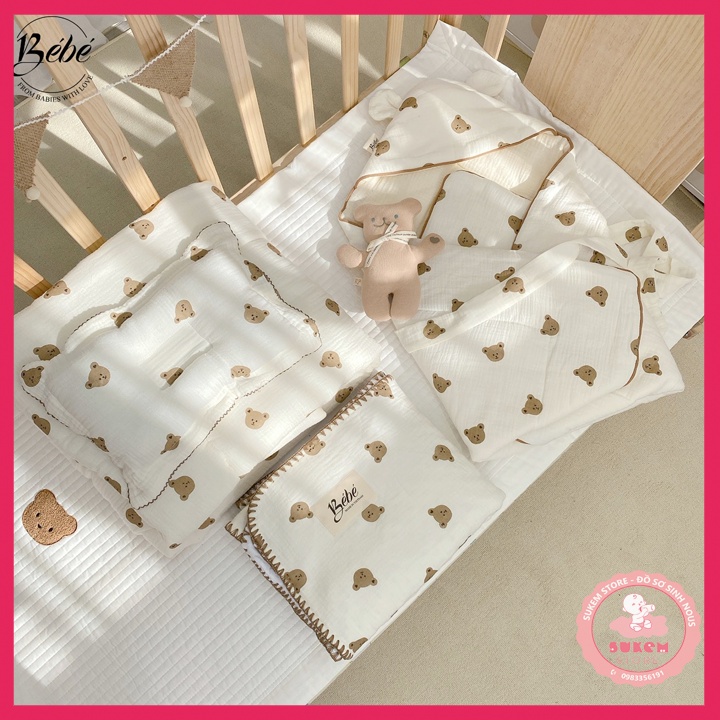 Bé Bé - Set Bộ Chăn, Gối Đầu,Chặn Vỏ Đ, Chăn Ủ, Ủ Choàng Họa Tiết Đầu Gấu Cho Bé
