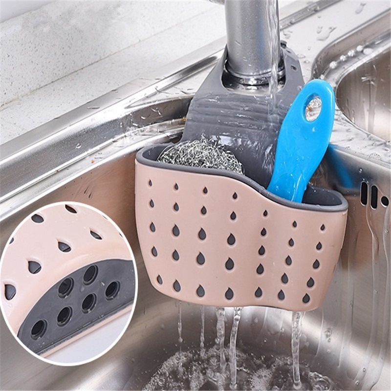 Có Thể điều Chỉnh Nút Bấm Bồn Rửa Lưu Trữ Giỏ Treo Nhà Bếp Kệ Treo Vòi Nước Bọt Biển Thoát Nước Túi Treo