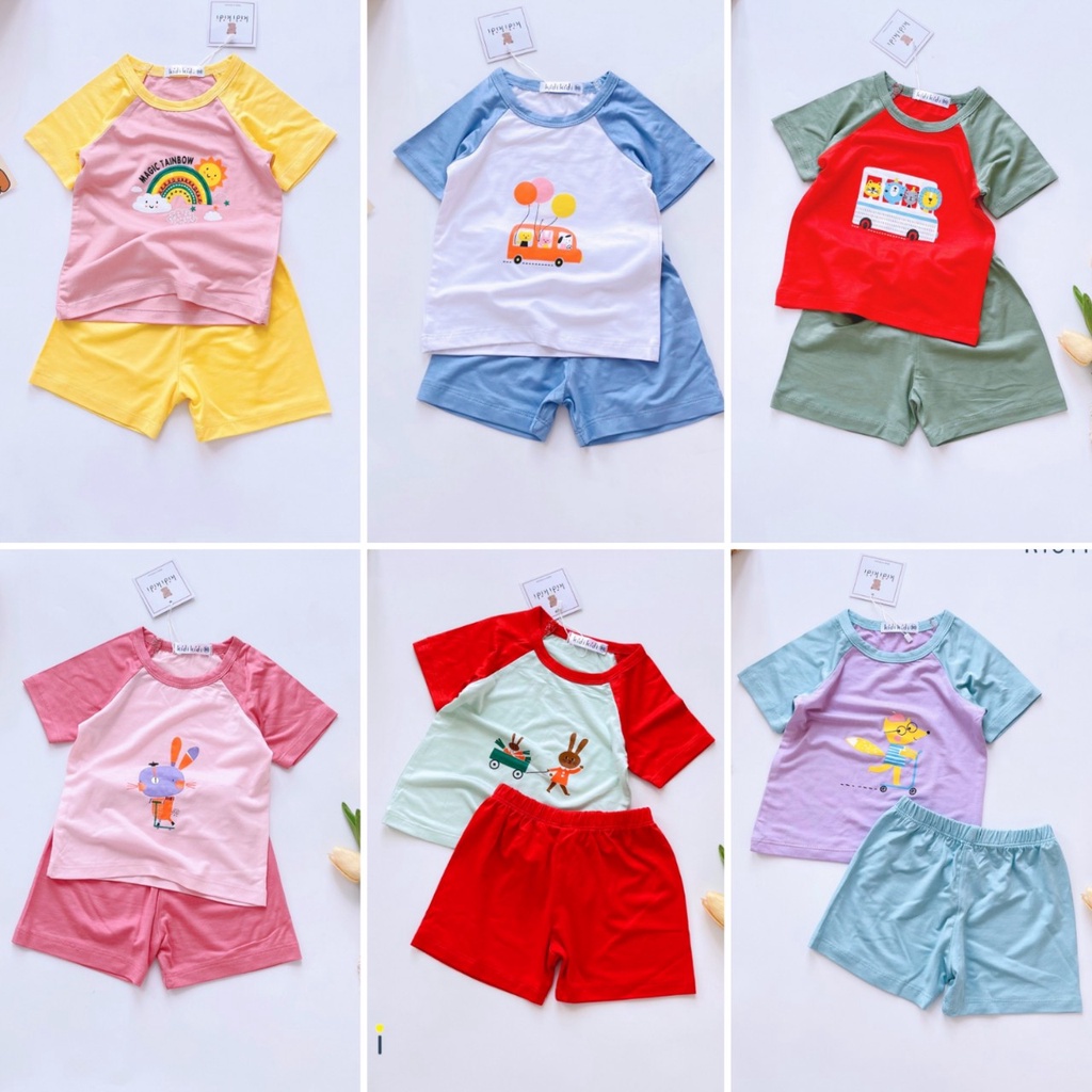 [Bé 7-27kg]Bộ ngắn tay ráp lăng thun lạnh in hình phối màu nổi bật chất vải mềm mịn mát cho bé trai bé gái từ 7-27kg