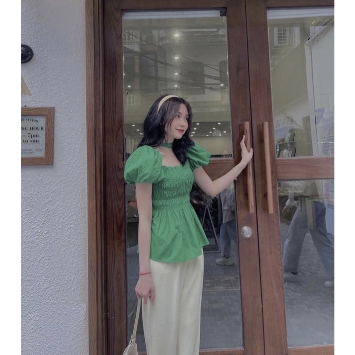 [3038] Set Áo Xanh Chun Ngực Mix Quần Suông Be Có Ảnh Thật Kèm Video