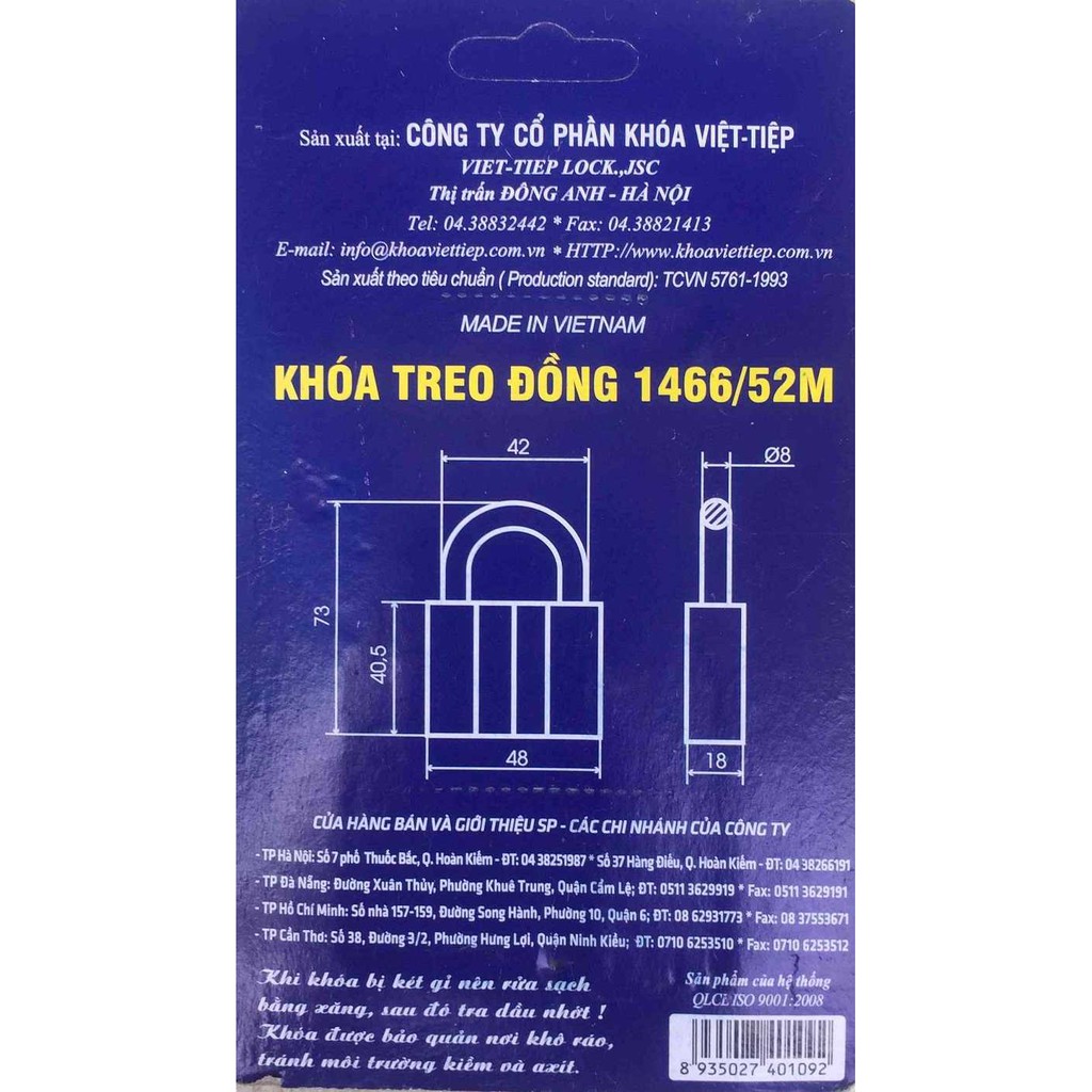 Khóa cửa treo Việt Tiệp treo đồng bấm 1466/52MB