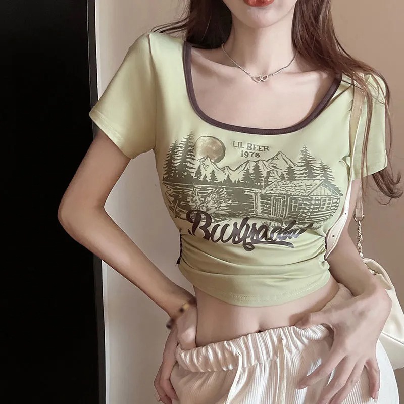 Áo Thun Tay Ngắn Cổ Vuông In Họa Tiết Phong Cách Hàn Quốc Thời Trang Mùa Hè Mới Cho Nữ