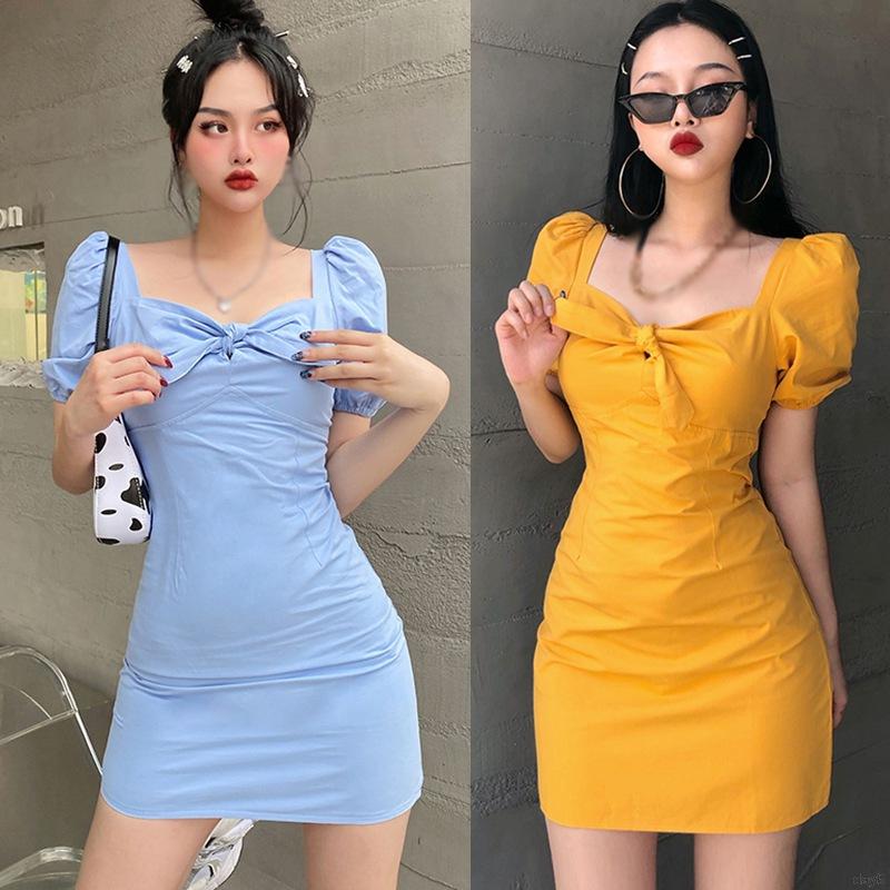 Shinee Korean Fashion Women's Dress Retro Bubble Sleeve Bow Sexy Self-cultivation Thin Dresses