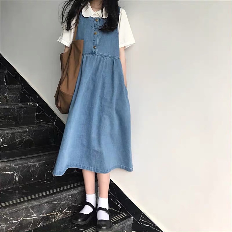 Set váy yếm jeans dáng dài + áo sơ mi trắng ngắn tay cổ sen dễ thương vintage ulzzang Nhật Bản [Yannie]