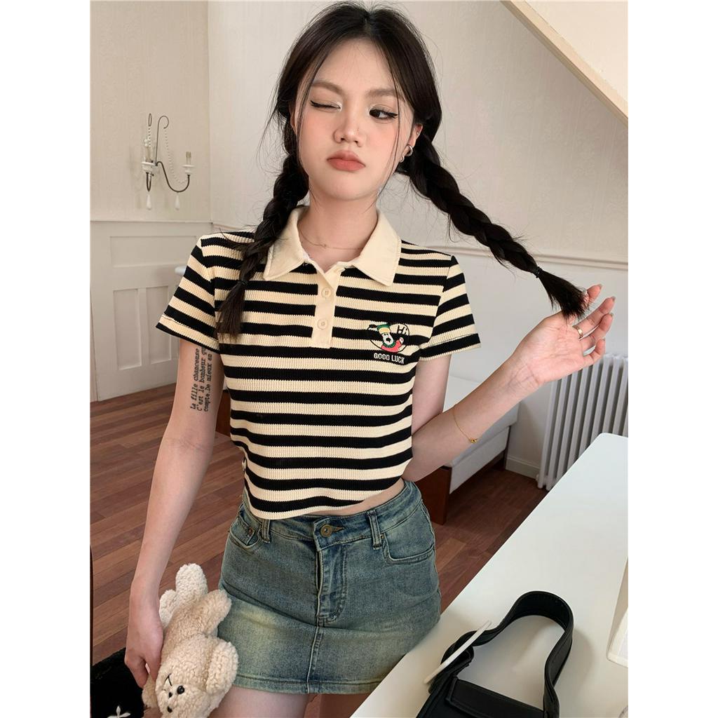 Áo Thun polo Tay Ngắn Kẻ Sọc Thêu Hình Cún Dễ Thương 63177