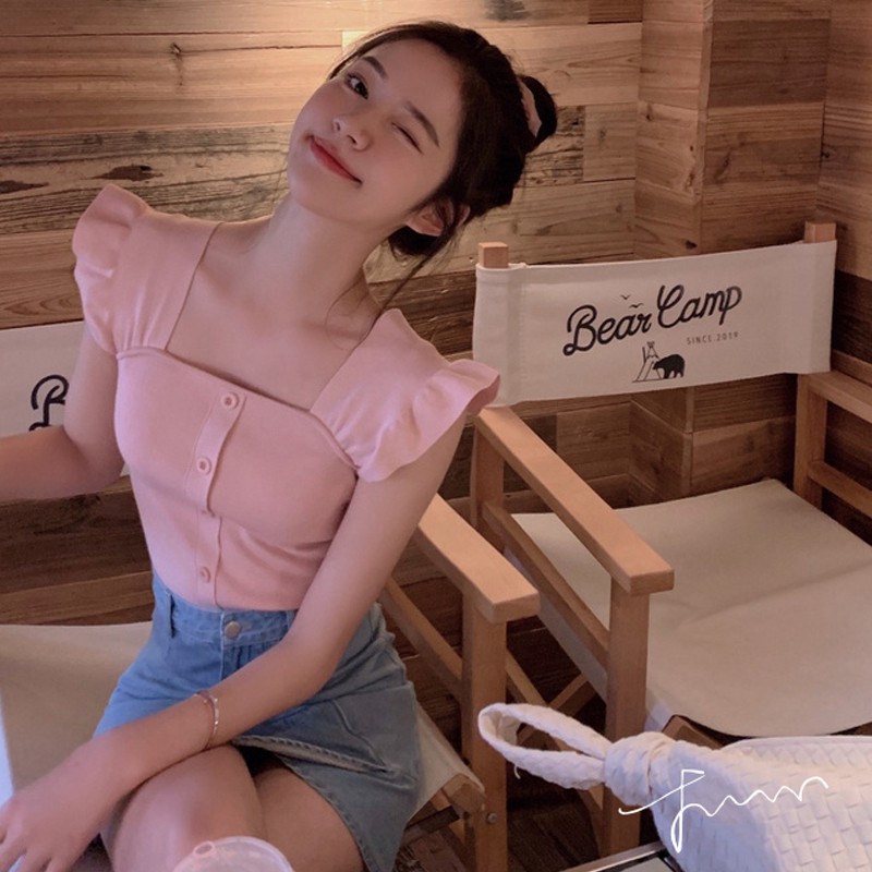 Xiaozhainv Áo dệt kim nữ tay bèo cổ vuông thiết kế một hàng nút trước