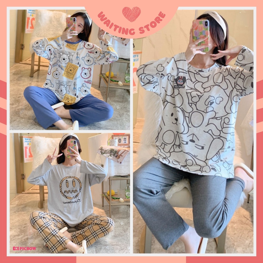 Đồ Mặc Nhà Cổ Tròn, Bộ Ngủ Nữ Cotton Thun Áo Dài Quần Dài Nhiều Họa Tiết Dễ Thương DDTT05