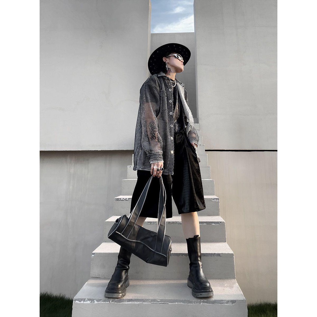 Áo khoác sơ mi tay dài dáng rộng phối lưới thoáng khí thời trang mùa hè dành cho nam và nữ