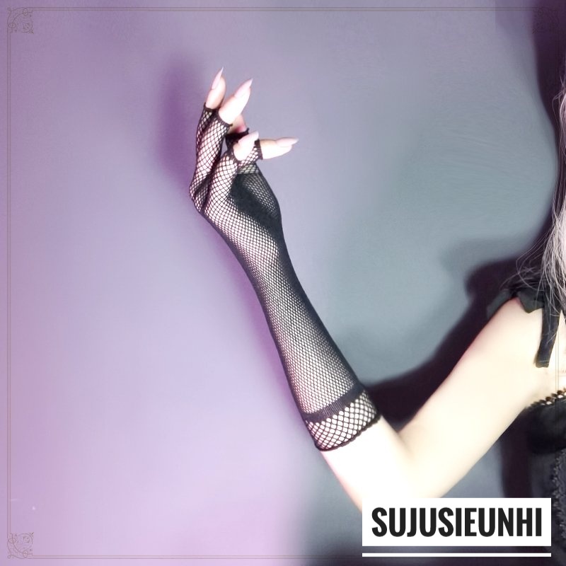 (2 màu) 1 đôi găng tay lưới viền dáng dài hở nửa ngón co giãn phong cách gothic