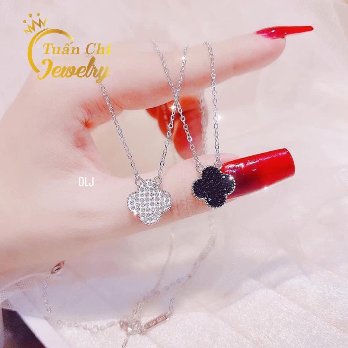 Dây Chuyền Nữ ⚡MẪU HOT⚡ Vòng Cổ Bạc, Mặt Cỏ Bốn Lá, Gắn Đá 2 Mặt Cực Xinh, Đeo Được 2 Kiểu Sang Trọng