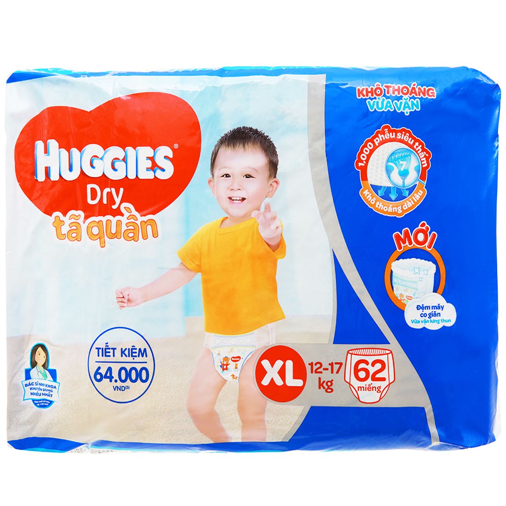 [CHÍNH HÃNG] Bỉm - Tã Quần Huggies Dry Size XL62 (Cho Bé 12-17kg)