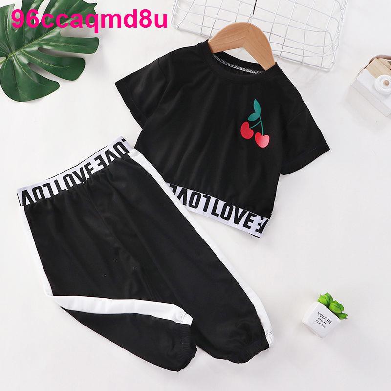 Áo phông ngắn cho bé gái, bộ đồ tây trẻ em, váy hè hở rốn, kiểu dáng mới bé, hai mảnh tay giữa thời trang