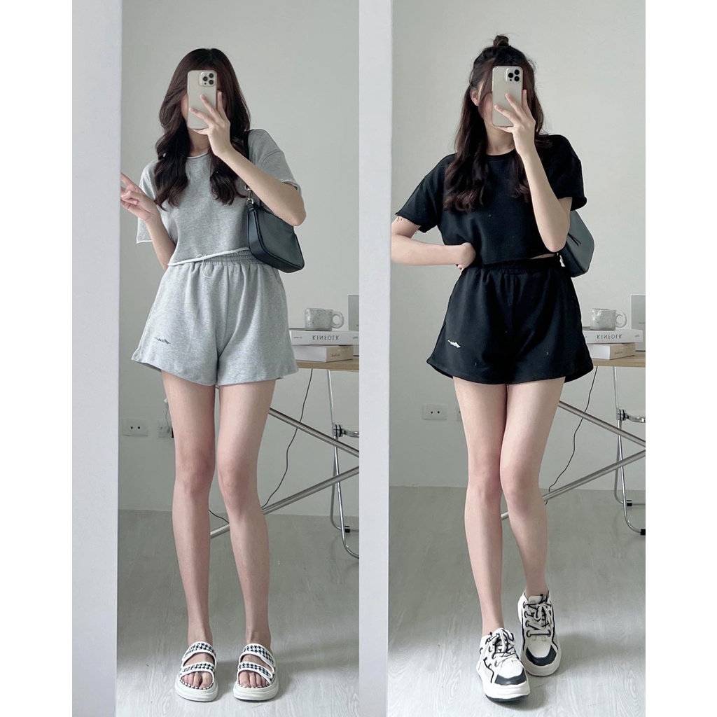 Set croptop thun trơn cá tính nữ - Bộ CRT hè kèm quần short, siêu xinh HOT TREND