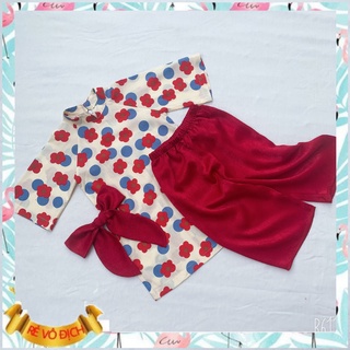 Áo dài bé gái Samkids [TẶNG KÈM NƠ] chất thô họa tiết hoa to, quần lụa đỏ cho bé từ 8 đến 23 kg phù hợp cho mùa hè