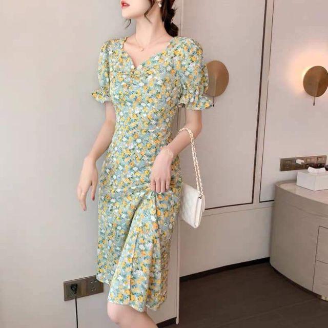 VÁY HOA NHÚM NGỰC TAY BỒNG