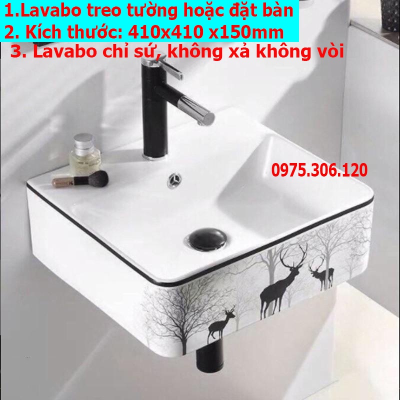 Chậu rửa mặt lavabo hoa văn TREO TƯỜNG hay Đặt Bàn Đá VUÔNG CON HƯƠU TREO TƯỜNG, men NANO trắng sáng chống bám bẩn
