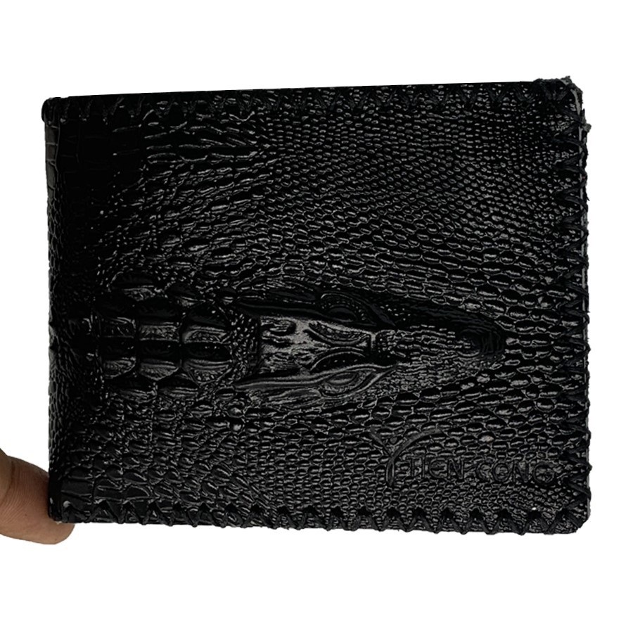 Ví Nam Ngang Da Bò Dập Vân Cá Sấu May Viền Tiến Công Màu Đen - TCN1040