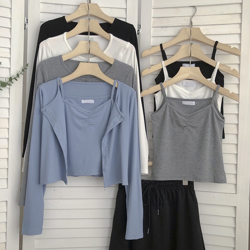 Set hai món áo dây không tay xếp ly và áo khoác cardigan dài tay một hàng nút linh hoạt thời trang Hàn Quốc