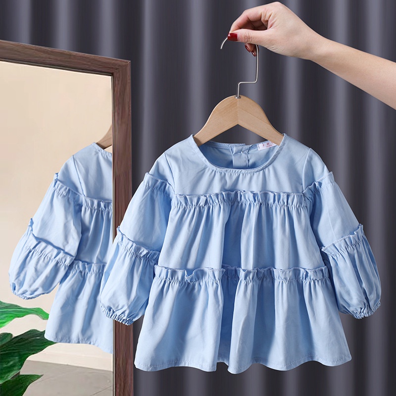 Áo Thun Cotton Tay Dài Màu Trơn Phong Cách Hàn Quốc Thời Trang Xuân Thu Cho Bé Gái