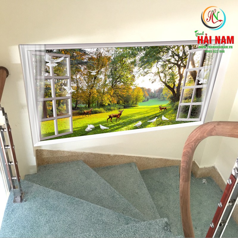 Tranh dán tường 3D cửa sổ con đường hàng cây - vải lụa phủ kim sa