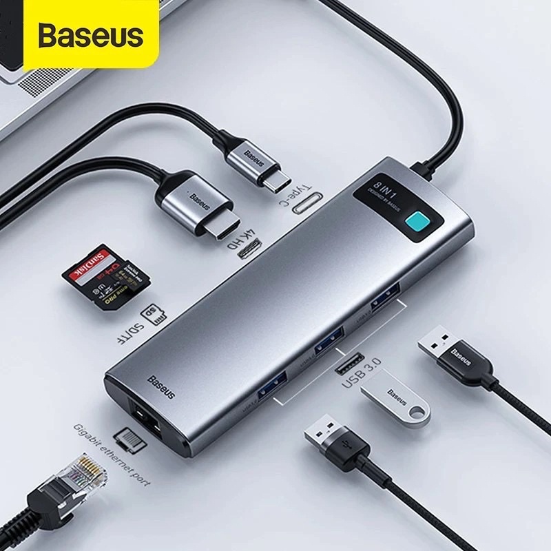 Bộ Hub chuyển Type C Baseus Metal Gleam Series 8 in 1 ( Type-C to HDMI/ USB3.0/ LAN / PD 100W) cho Laptop Macbook