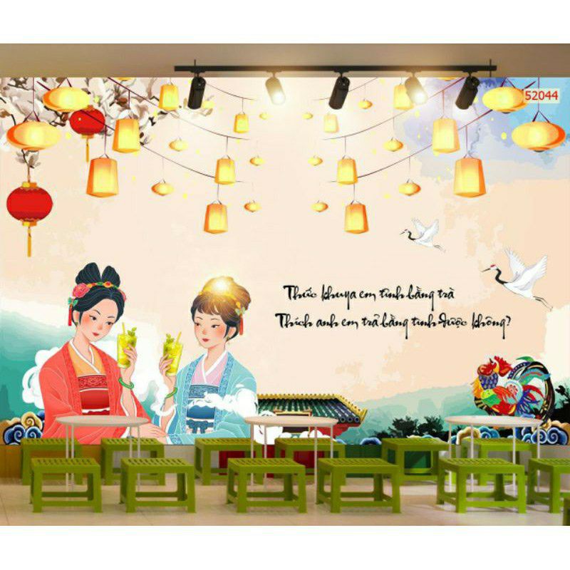 tranh dán tường 3d trang trí quán cafe,trà sữa