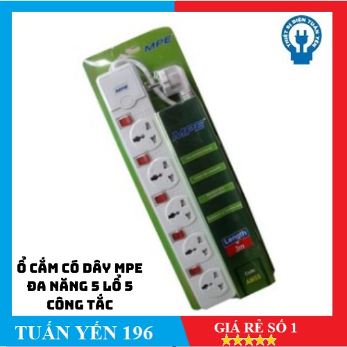 [GIÁ TỐT CHÍNH HÃNG] Ổ cắm có dây MPE đa năng 5 lổ 5 công tắc