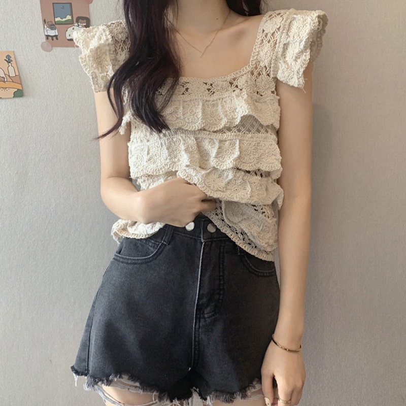 Áo Croptop Không Tay Viền Ren Nhiều Lớp Cổ Vuông Thời Trang Cho Nữ