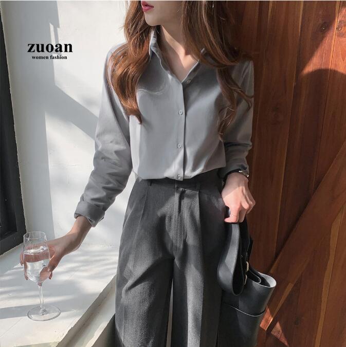 Áo sơ mi SUXI tay dài màu trơn đơn giản phong cách Hàn Quốc cho nữ