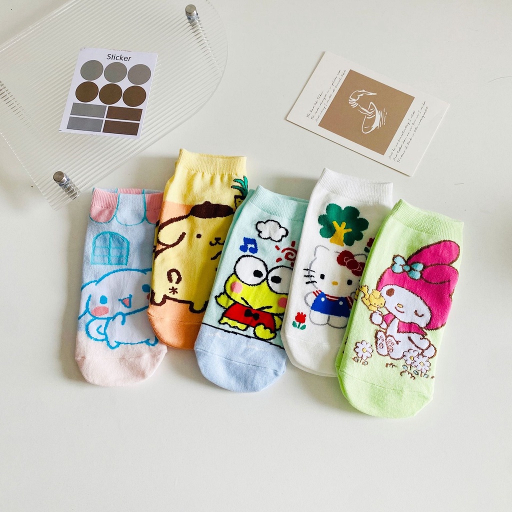 Set 5 Đôi Tất Cotton Cổ Thấp Hoạ Tiết My Melody Keroppi Cinnamoroll Đáng Yêu