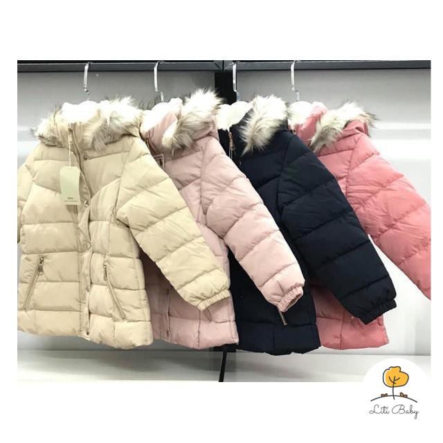 Áo phao dáng dài trần bông mũ lông, cổ lông, khóa túi bé gái size  5/6-13/14, cho bạn từ 25-50kg. Chất phao siêu đẹp