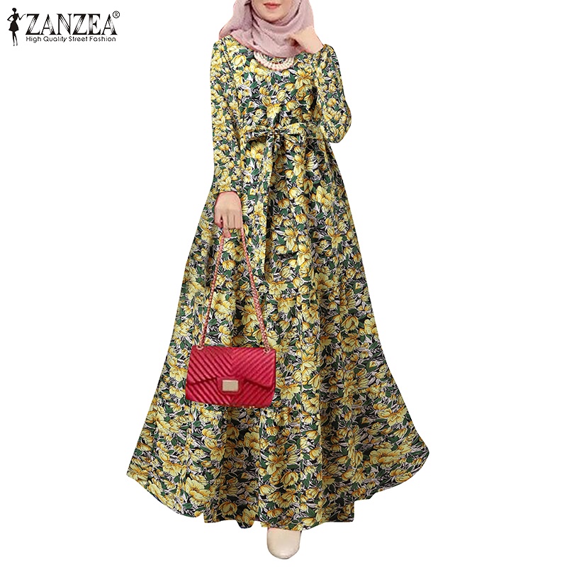 Zanzea Đầm Maxi Dài Tay In Hoa Thanh Lịch Cho Phụ Nữ Hồi Giáo