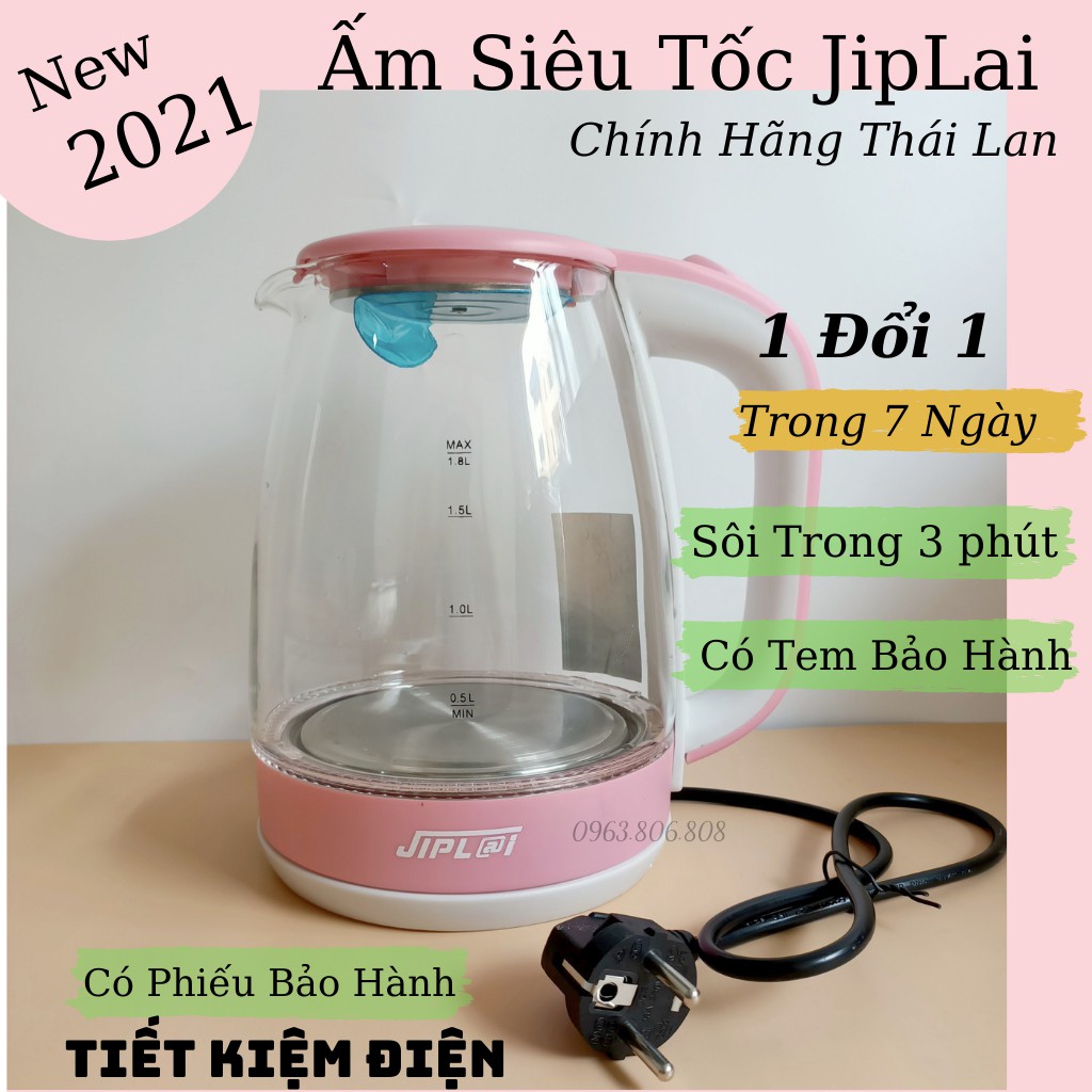 Ấm Siêu Tốc Thủy Tinh Jiplai Thái Lan -Ấm Siêu Tốc 2 lớp jiplai- ấm Đun Siêu Tốc Mini Inox 1.8l