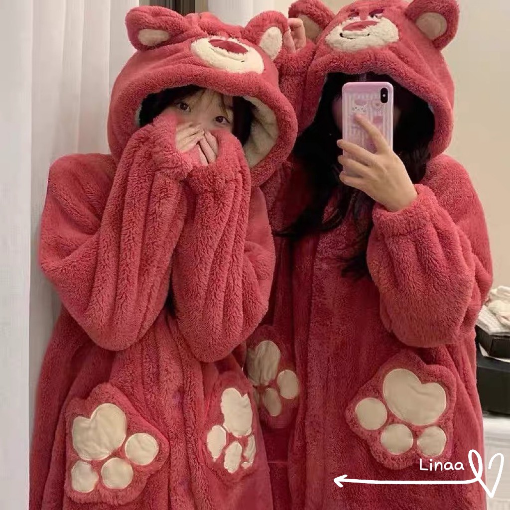 Bộ đồ ngủ nữ mùa đông hình thú dễ thương, đồ ngủ lông giữ nhiệt cực ấm