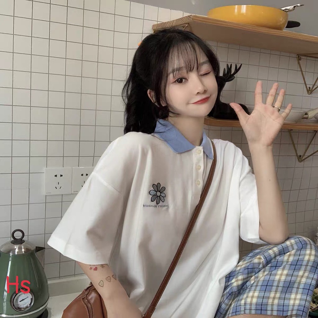 Áo Phông Polo Nữ Thêu Hoa Cúc 🦋FREESHIP🦋 Áo Thun Cotton Cổ Bẻ Cúc Cài 2 Màu | BigBuy360 - bigbuy360.vn
