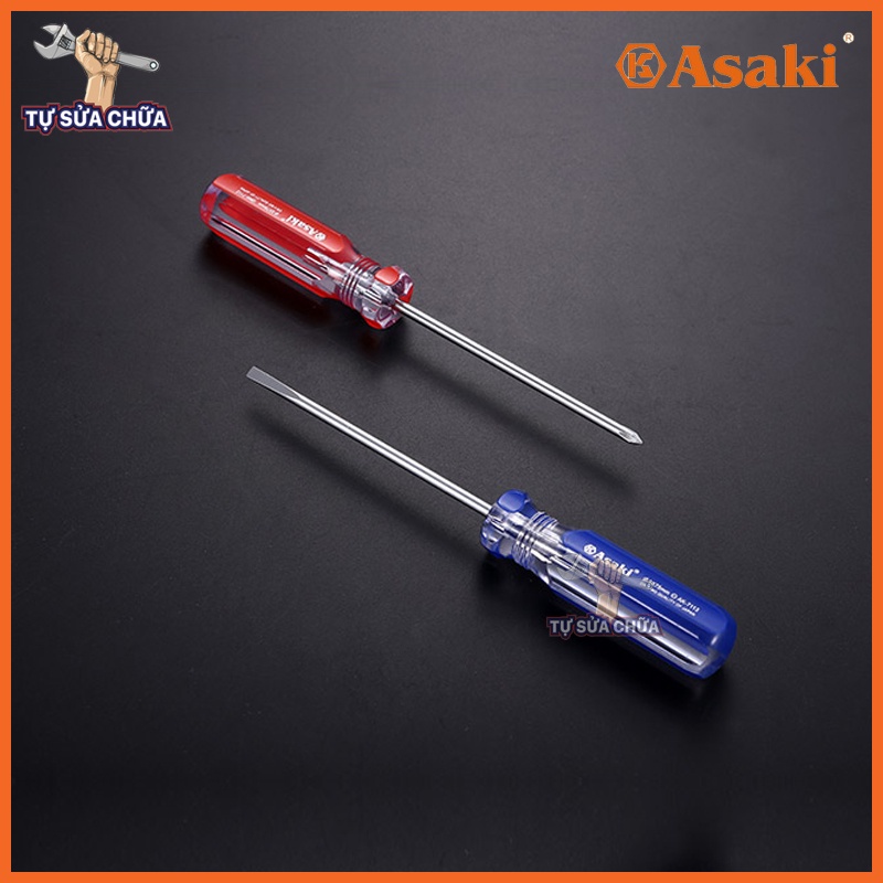 Tô vít, tuốc nơ vít dẹt bake cán nhựa trong suốt chính hãng Asaki từ tính cực mạnh, chống rỉ sét tốt