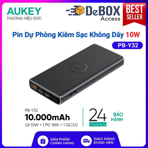 Pin Dự Phòng Kiêm Sạc Không Dây 10W AUKEY PB-Y32 10.000mAh, Sạc Nhanh PD 18W, QC 3.0