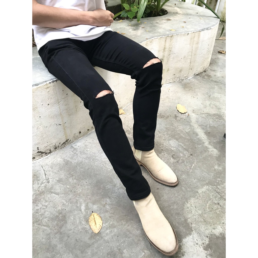[Co GIãn+Không Phai Màu]Quần Jean Rách Gối Nam Màu Đen Vải Không Phai Màu, Co Giãn Dáng Skinny Phong Cách Hàn Quốc-J02 | BigBuy360 - bigbuy360.vn