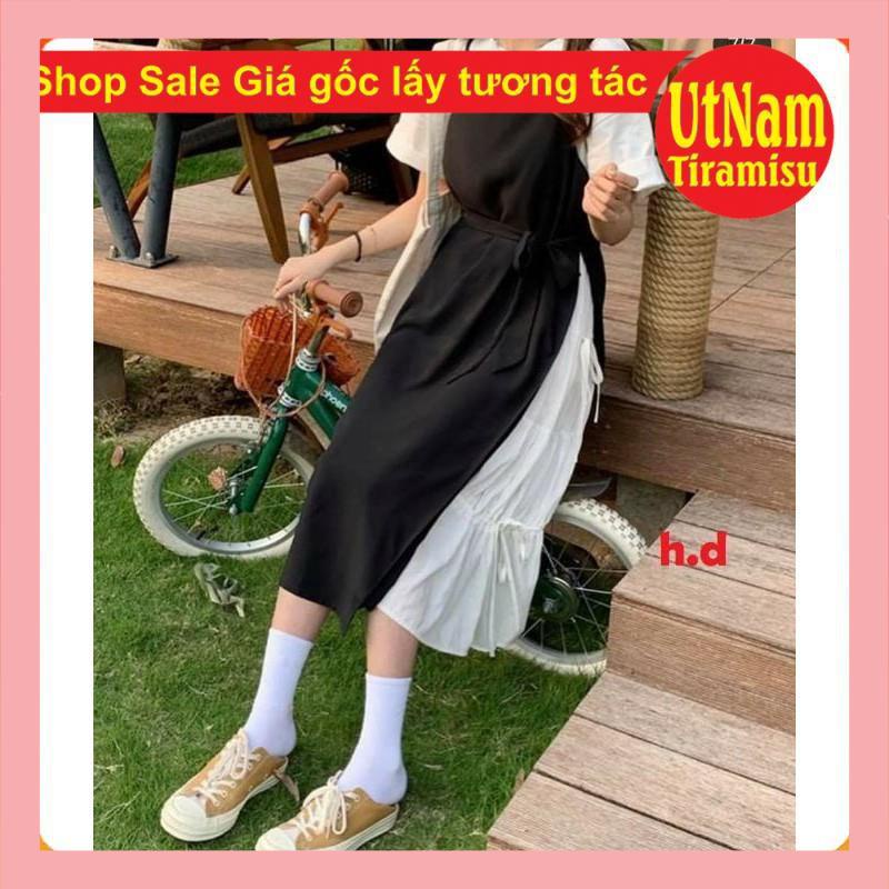 Sét váy 2 dây buộc eo phối váy trắng dáng xòe + áo thun trắng chất tuyết mưa basic nữ