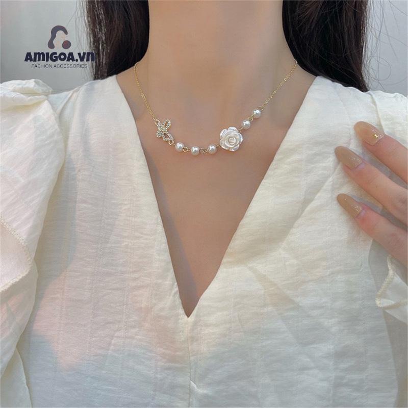 ✨✨Vòng Cổ Mặt Hình Hoa Hồng Đính Ngọc Trai Nhân Tạo Thời Trang Dành Cho Bạn Nữ