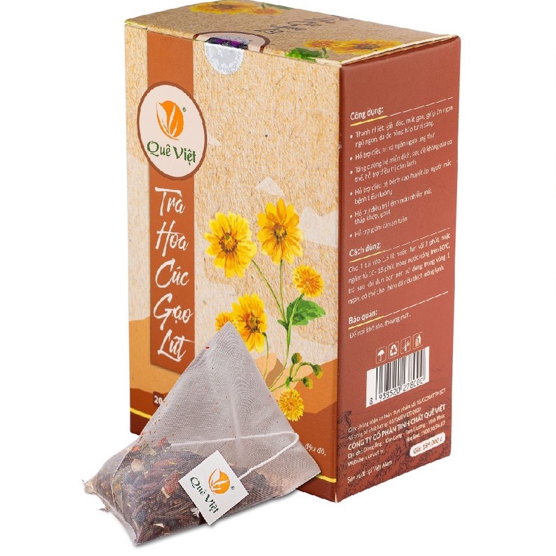 Trà hoa cúc gạo lứt Quê Việt, Hỗ trợ giảm cân an toàn,1 hộp 600 gram gồm 20 túi lọc,trà hơm vị nhạt dễ uống