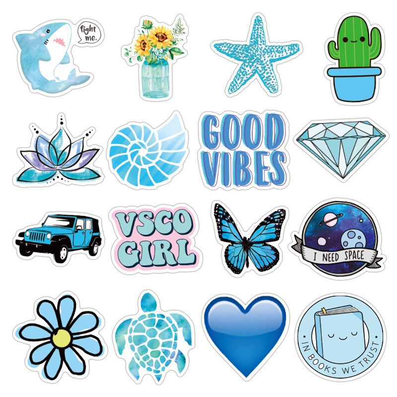 SET 50 MIẾNG STICKER XANH DƯƠNG BLUE CHỐNG NƯỚC DÁN NÓN BẢO HIỂM, LAPTOP, VALI, TỦ, BÀN HỌC, XE MÁY