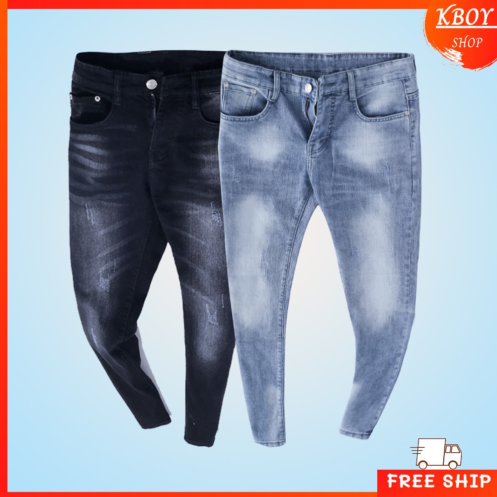 Quần jeans nam Kboy Shop Quần jean xước nhẹ gối ống ôm chất bò cao cấp vải mềm mịn hợp dáng - VM01 / CR07