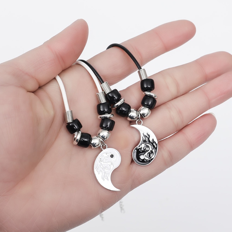 Set 2 Vòng Tay Bện Dây Da Mặt Hợp Kim Hình Âm Dương Phong Cách Retro