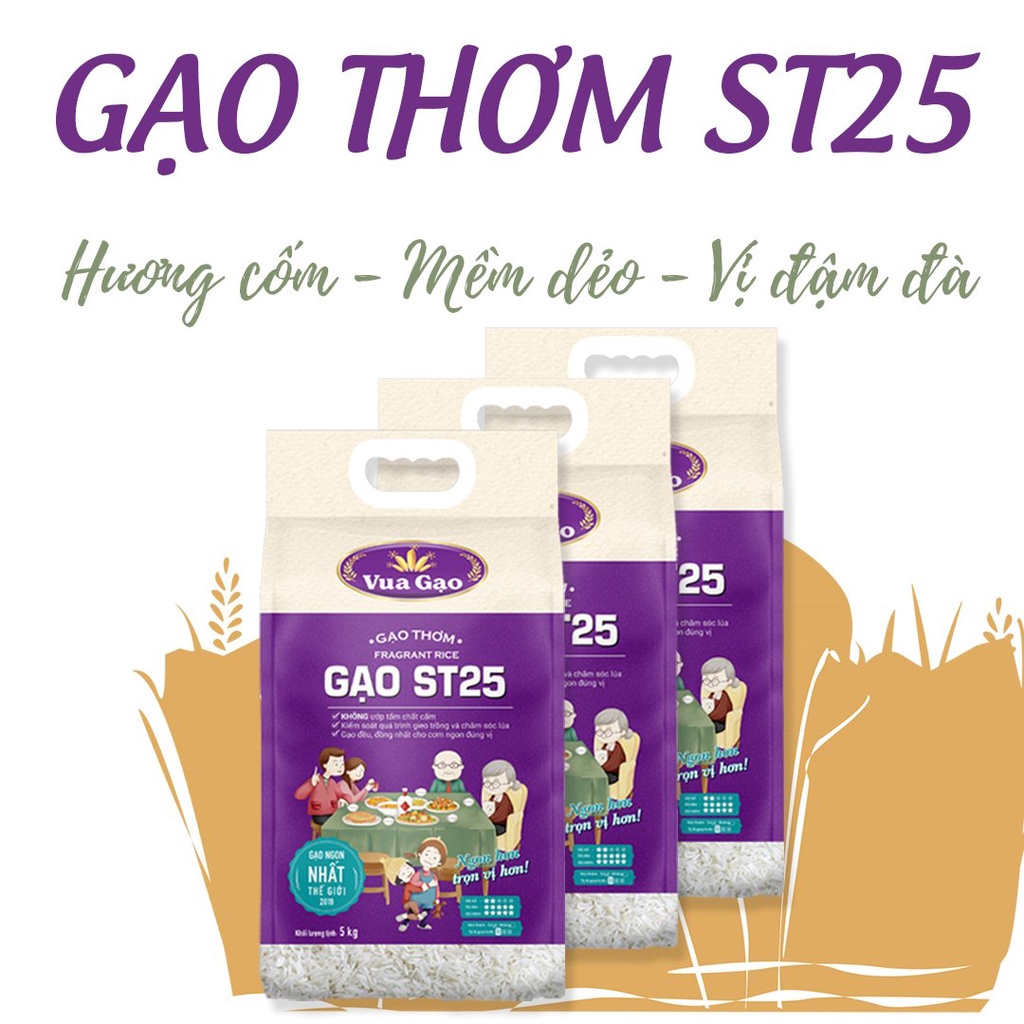 [MUA 3 TẶNG 25K] Combo 3 Túi Gạo ST25 5kg – Chính Hãng Vua Gạo – Gạo Thơm Ngon, Dẻo Nhiều, Vị Đậm Đà – Top 1 TG 2019