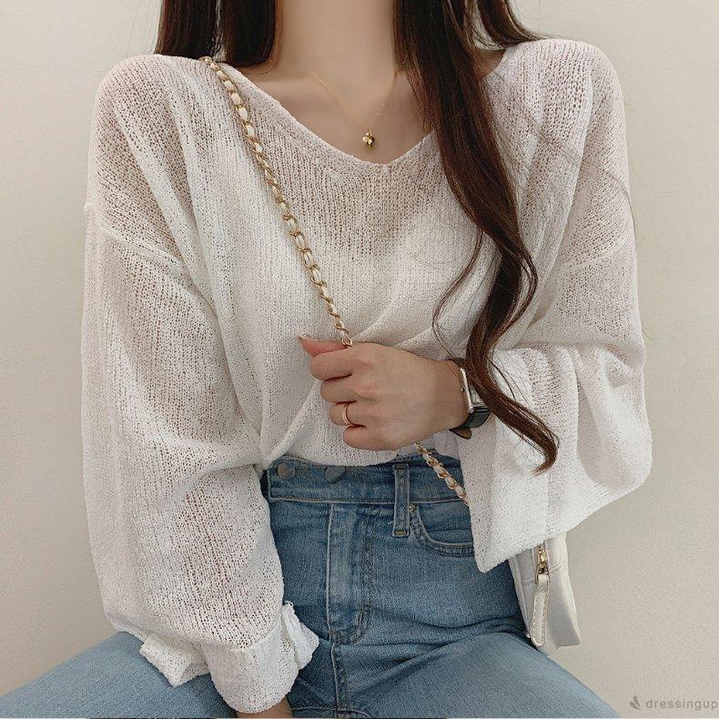 DRE-Female Loose Tops, Solid Color V-Neck Long Sleeve Tie-Up Knitted Blouse Pullover for Spring Summer, White/Black