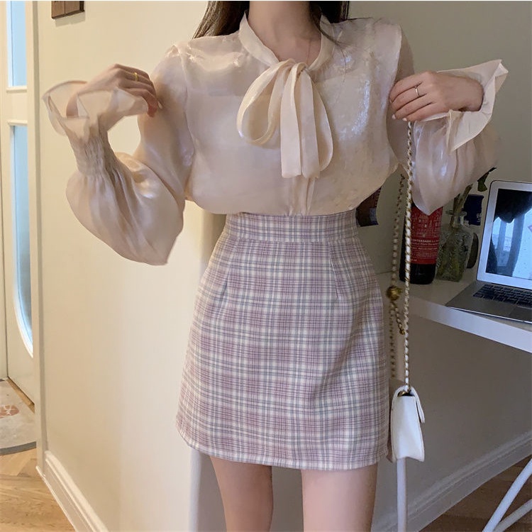 Chân Váy Ngắn Dáng Chữ A Lưng Cao Họa Tiết Sọc Caro Thời Trang Cho Nữ