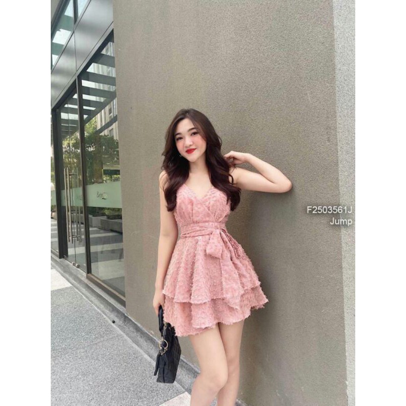 Jump lông vũ giả váy xòe tầng cột nơ eo 2 dây chéo lưng!