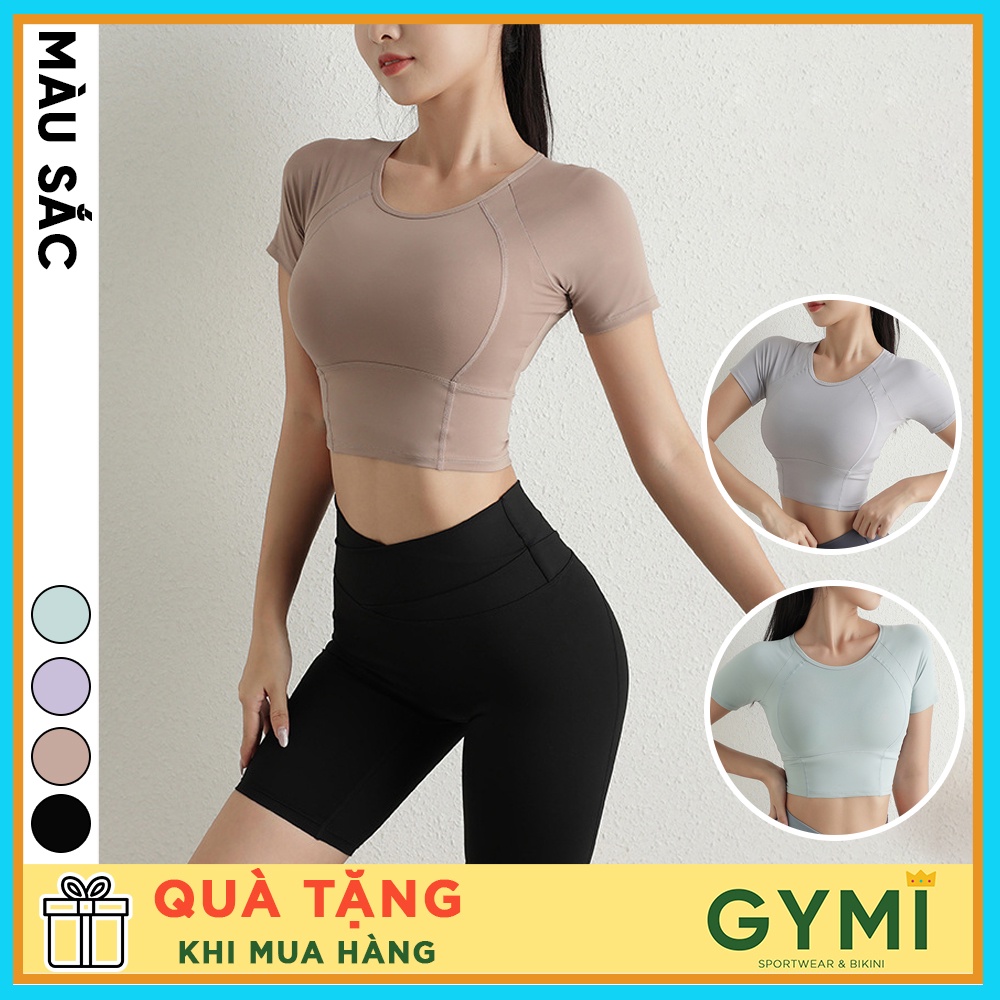 Áo tập gym yoga nữ GYMI AC27 dáng croptop thun ngắn tay thể thao chất poly cao cấp co giãn phom ôm body