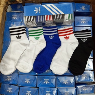 [Có sẵn] Tất Adidas Cổ Trung Nam Nữ Cao Cấp 3 Sọc Logo 3 Lá Hộp 5 Đôi Nhiều Màu